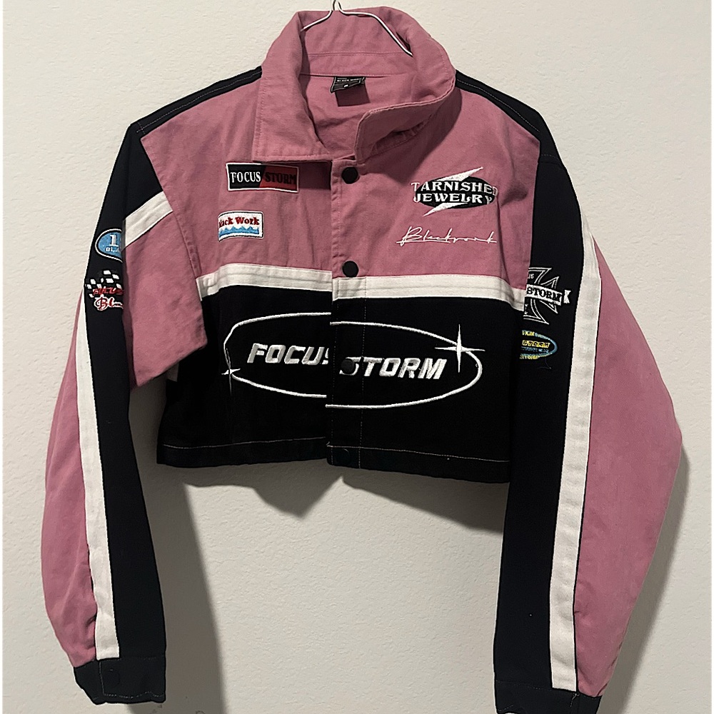 Focus Storm Pink and Black Cropped Snap Button Up Jacket with Collar